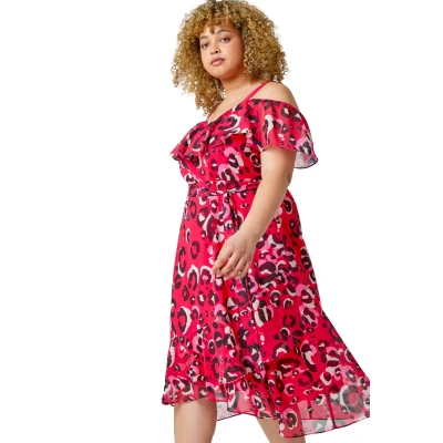 Image of Roman Curve Animal Cold Shoulder Frill Dress for Women UK Ladies Spring Everyday Summer Holiday V Neckline Comfy Sleeveless Soft Knee Length Frock Dinner Date Gowns Fuchsia Size 26
