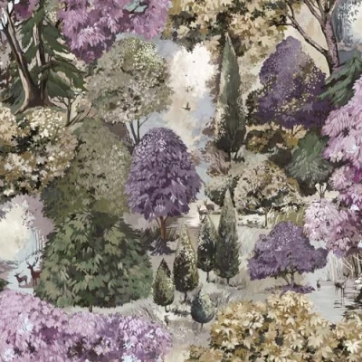 Image of Basildon Forest Woodland Animal and Themed Hand Painted Look Victorian Style Tapestry Wallpaper for Bedrooms, Living Rooms Mulberry Purple/Green Holden 13930