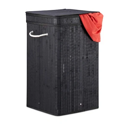 Image of Relaxdays Black Bamboo Pop Hamper, Handle, Portable, 70 L Load, Square Laundry Bag, HxØ: 63 x 36 cm, cm