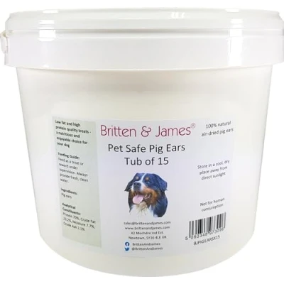 Image of Britten &amp; James 15 Large Pigs Ears for Dogs in a Tub. Premium Quality British Product
