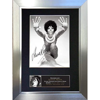 Image of DIANA ROSS Signed Autograph Mounted Photo Reproduction PRINT A4 Very Rare (297 x 210mm) #665 (Silver Frame)
