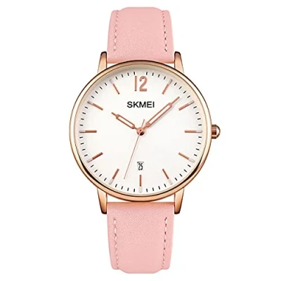 Image of SKMEI Women&#039;s Watch Classic Clear Dial Date Display Genuine Leather Strap Pink