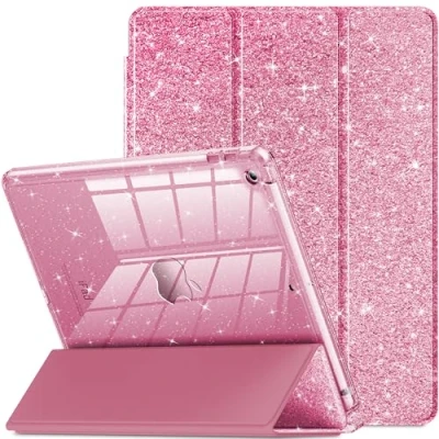 Image of INFILAND for iPad 9th Generation 2021/ 8th 2020/ 7th 2019 Case 10.2 inch, Glitter Cover with Clear Back, Pencil Holder Kids Girls (Pink)