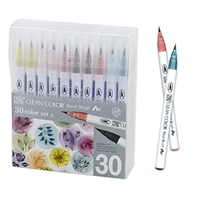 Image of Kuretake ZIG Clean Color Real Brush, NEW 30 Colors with Flexible Brush Tips, Watercolor Pens for Painting, Drawing, Calligraphy and Lettering Artists Beginner Painters, Made in Japan