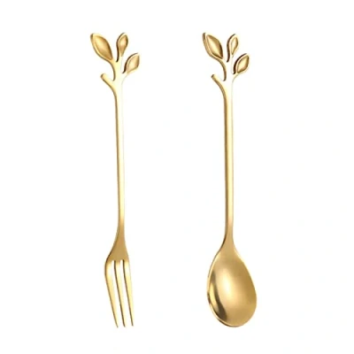 Image of 2 Pieces Small Stainless Steel Leaf Spoons Forks Dessert Demitasses Tea Coffee Appetizer Cake Spoon and Fork Set 4.7&quot;