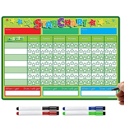 Image of TMS Reward Chart for Children Magnetic Star Recognising and Inspiring Good Behaviour in Toddlers Kids, Boys Girls. Comes with 4 Coloured Dry Wipe Pens!