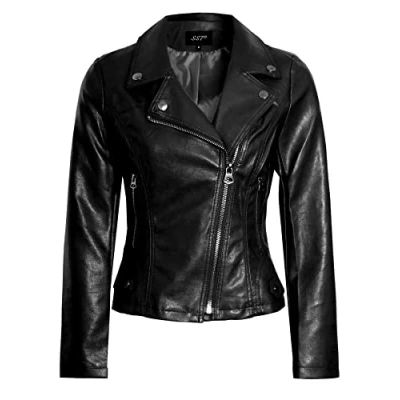 Image of SS7 Womens Faux Leather PU Biker Jacket Black