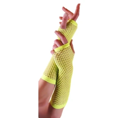 Image of Ladies Fishnet Long &amp; Short Finger less Gloves Fancy Dress Party Accessory (Yellow, Gloves)