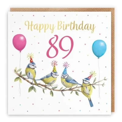 Image of Hunts England Blue Tits Funny 89th Birthday Card Luxury Gold Foil Milo&#039;s Gallery Age 89 Birds Female For Year Old Animal Fan Eighty Nine Her