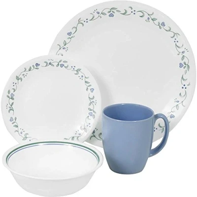 Image of Corelle Livingware Country Cottage Break and Chip Resistant Glass Dinnerware Set, 16 Piece, Service for 4, Green/ Blue, Periwinkle
