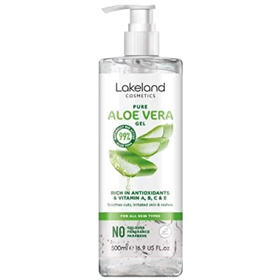 Image of Lakeland Cosmetics aloe Vera gel contains 100% pure natural bio active moisturiser, soothes cuts, irritated skin, burns &amp; sunburn relief for face body great aftersun lotion cream 500ml