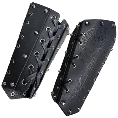 Image of HiiFeuer Medieval Embossed Arm Bracers, Retro Faux Leather Knight Gauntlets, Vintage Guards(Black C)