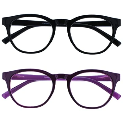 Image of OPULIZE Blu Blue Light Blocking Glasses 2 Pack Cool Round Frame Spring Hinges Improve Sleep Computer Gaming Anti Reflective Black Purple Mens Womens BB5 15 +0.00