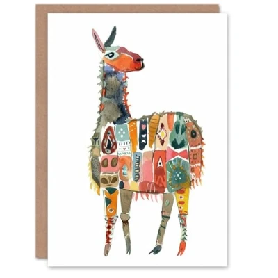 Image of Artery8 Greeting Card Llama With Colourful Folk Patterns Watercolour Blank For Him Or Her Art Birthday
