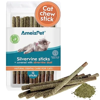 Image of AmeizPet Silvervine Sticks For Cats, Chew Covered With Dust Natural Matatabi Cat Dental Care, Catnip Teeth Cleaning Sticks, 12 Pcs