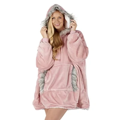 Image of FAUX FUR EDGE Oversized Hoodie Blanket Women Ultra Plush Fleece Soft Sherpa Reversible Warm Cosy Comfy Wearable Hooded Giant Sweatshirt Throw Girls Adults Men Boys Kids Big Pocket (Blush Pink)