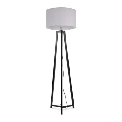 Image of Black Wood Tripod Floor Lamp with Grey Fabric Drum Lampshade Living Room Light LED Bulb Included