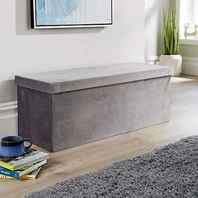 Image of Home Source Extra Large Folding Ottoman Velvet Fabric Storage Chest, Grey, 100cm
