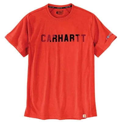 Image of Carhartt Men&#039;s Force Relaxed Fit Midweight Short Sleeve Block Logo Graphic T Shirt, Cherry Tomato, Medium