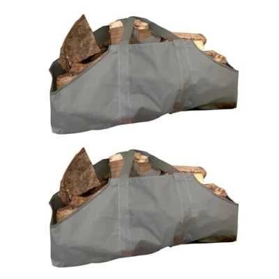 Image of Pack of 2 Canvas Firewood Log Carrier French Grey Bag Tote Wood Waterproof Double Handled