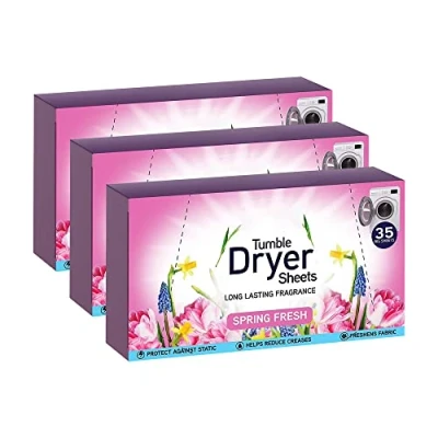Image of Spring Fresh Tumble Dryer Sheets for Long Lasting Fragrance and Softness Protection Against Static Help Reduce Creases Freshness Fabric Pack of 3 (Total 105 Sheet)
