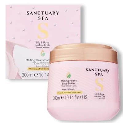 Image of Sanctuary Spa Lily and Rose Natural Oils Melting Pearls Body Butter, No Mineral Oil, Cruelty Free Vegan Shea Moisturiser, 300ml