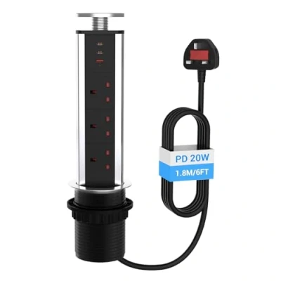 Image of Hanstore Pop Up Socket Pull Electrical Plug with 2 Type C &amp; 1 USB Charging Ports 3 Extension Desk Power for Kitchen Worktops Home Office, Sliver