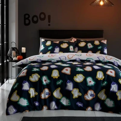 Image of Catherine Lansfield Halloween Ghosts Reversible Double Duvet Cover Set with Pillowcases Black