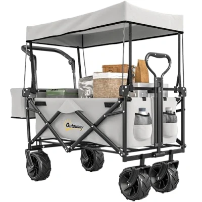 Image of Outsunny Folding Trolley Cart Storage Wagon Beach Trailer 4 Wheels with Handle Overhead Canopy Push Pull For Shopping Camping, Grey