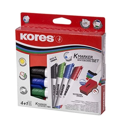 Image of Kores Coloured Whiteboard Marker Pens K XW1, Round Tip with Low Odour Ink Dry Wipe School Supplies, Office Supplies Pack of 5 4 Assorted Colours and 1 Magnetic Eraser
