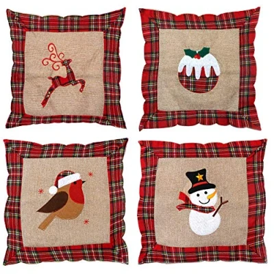 Image of SHATCHI Set Of 4Pcs Pillow Cases Reindeer Snowman Robin Christmas Pudding Printed Pattern Cushion Covers Burlap Hessian Cotton Linen Sofa Bed Throw Cushions Couch Xmas Home Decorations