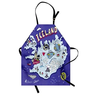 Image of ABAKUHAUS Iceland Apron, Doodle Icelandic Map, Unisex Kitchen Bib Apron with Adjustable Neck for Cooking Baking Gardening, Multicolor