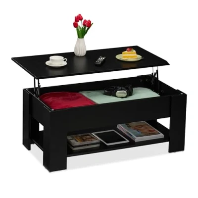 Image of Relaxdays Coffee Table, Lift Function, HWD: 42 x 98 50 cm, Living Room Desk with Storage Space, Modern, Shelf, Black, Fibreboard