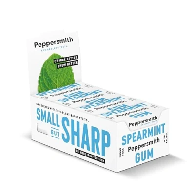 Image of Peppersmith Spearmint Chewing Gum Xylitol Sugar Free 100% Plant Based Breath Freshener Benefits Oral Health Pocket Pack 12x15g