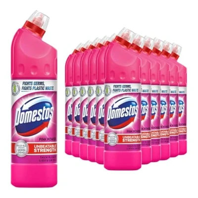 Image of Domestos Thick Bleach Pink Power Multi Purpose Disinfectant Anti Bacterial Surface Cleaner Gel Limescale Remover for Toilet, Bathroom and Kitchen, 750ml (Buy 12)