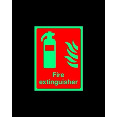 Image of Fire extinguisher Safety sign 1.2mm Photoluminescent glow in the dark rigid plastic with self adhesive backing 200mm x 150mm