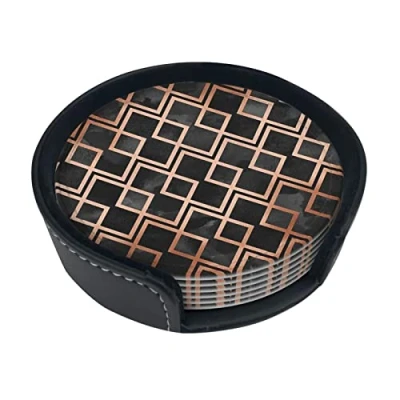 Image of Round Coasters, Copper And Black Geo Diamonds,Mugs Pad Cups Mat Set of 6 Leather Drinks Coasters with Holder