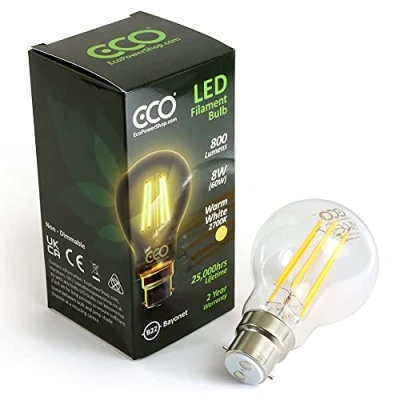 Image of ECO 60W Energy Saving Light Bulb, Low 8W LED Filaments, Bright 800 Lumen, Clear Glass, Warm White (2700K), B22 Standard UK 2 pin Bayonet, 25000Hrs Lifetime. (1xPACK)