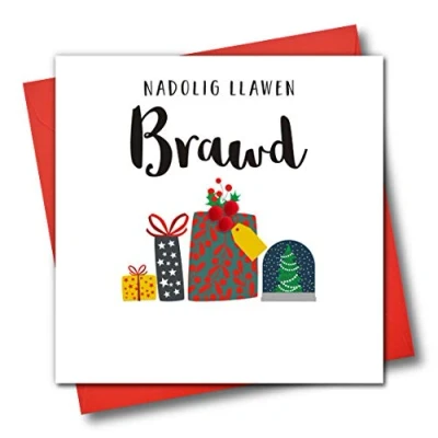 Image of Welsh Language Embellished Christmas Greeting Card, Nadolig Llawen, Brawd, Happy Brother, Pile of Presents