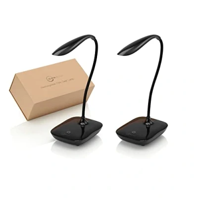 Image of Auraglow Wireless Rechargeable Flexible Adjustable Gooseneck LED Desk Lamp, Touch Control Dimmable Reading Light for Home, Office, Work and Study Black 2 Pack