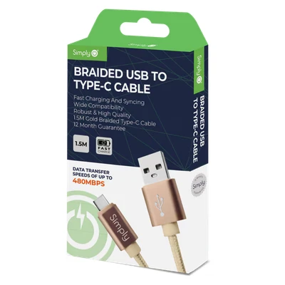Image of 24x Simply USB Type C Braided Cable 1.5m Gold ICTC04