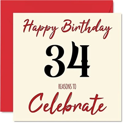 Image of Fun 34th Birthday Cards for Men Woman Reasons To Happy Card Dad Mum Son Daughter Brother Sister Uncle Auntie Cousin, 145mm x Greeting Cards,