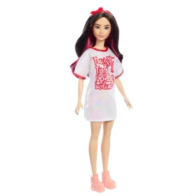 Image of Barbie Fashionistas Doll #214, Black Wavy Hair with Twist ‘n’ Turn Dress &amp; Accessories, 65th Anniversary Collectible Fashion Doll, HRH12