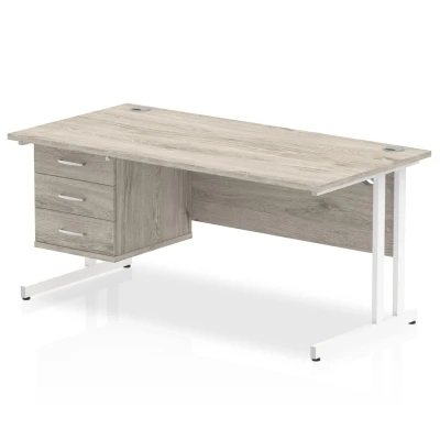Image of Impulse 1600 Rectangle White Cant Leg Desk Grey Oak 1 x 3 Drawer Fixed