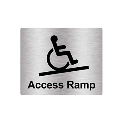 Image of Access Ramp Wheelchair Users, Access, Sign Adhesive Sticker Notice, Metallic Silver Engraved Black with Universal Icon Symbol and Text (Size 12cm x 10cm)