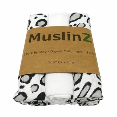 Image of MuslinZ Newborn Sensory Muslin squares in Black and White for Visual Stimulation Play. Baby Bamboo/Organic Cotton mix. (Leopard, 70x70cms)