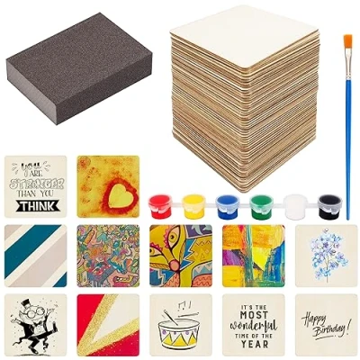 Image of Belle Vous 50 Pack of Unfinished Blank Wood Squares with Sanding Block, Paint &amp; Brush 10 x 10cm/4 4 Inches 2.5mm Thick Plain Pieces for DIY Coasters, Crafts, Painting and Pyrography Burning
