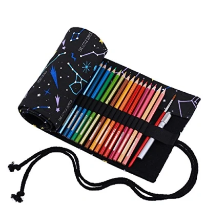 Image of Amoyie Hand Roll Up pencil Bag for 72 Coloring Pencil, Canvas Organiser Artist Pen Carrier Bag, Wrap Kids, Easy Use (no included), Black Metor