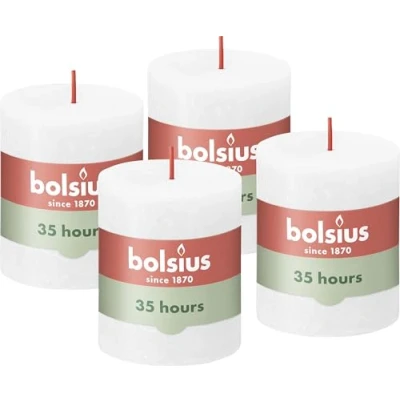 Image of Bolsius Rustic Pillar Candle Cloudy White Pack of 4 Long Burning Time 35 Hours Household Interior Decoration Unscented Natural Vegan Wax No Palm Oil 8 x 7 cm