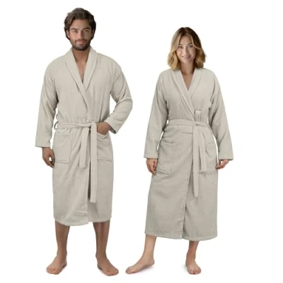Image of Homelevel 100% Cotton Bathrobe Absorbent Towel Bath Robe for Women and Men Lightweight Spa &amp; Shower Bathrobes, Ideal Travel Terry Towelling Dressing Gown 3XL, Beige